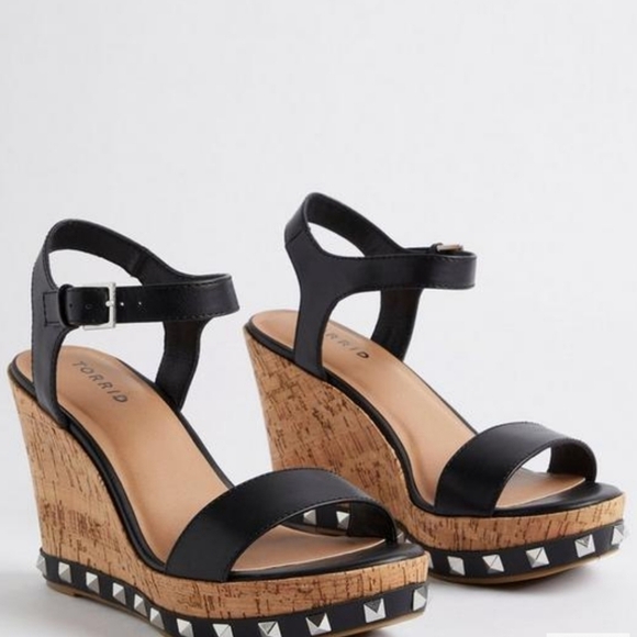 Torrid Cork Silver Studded Adjustable Strap Open Toe Platform Wedge Size 9WW - Picture 2 of 11